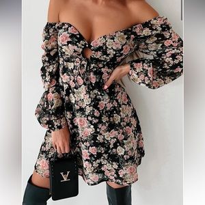 NanaMacs Black Floral Off-Shoulder Dress